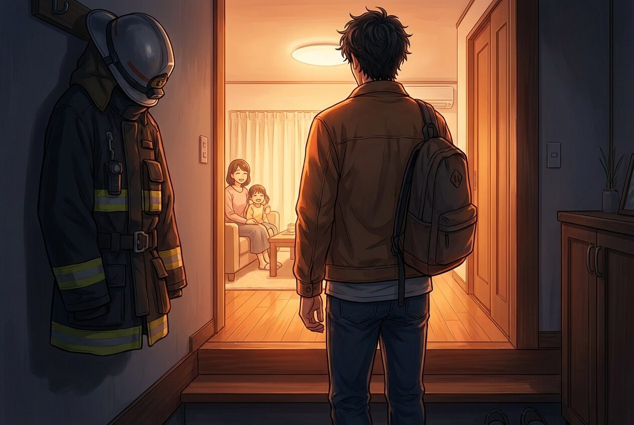 夜、家族を想いながら決断する消防士の姿