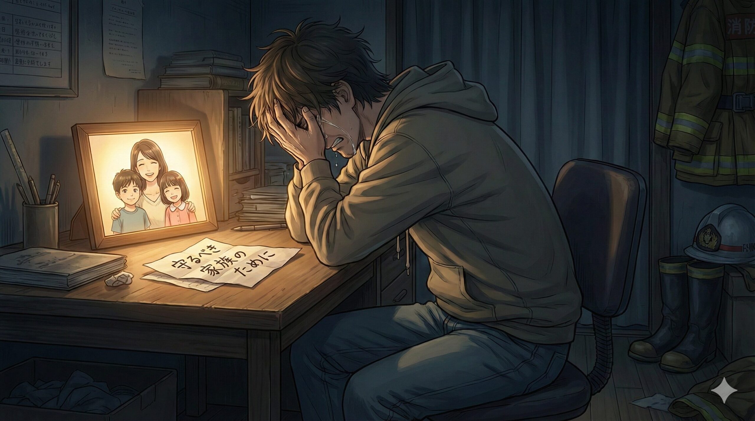 暗い部屋で家族の写真と手紙を見つめ、苦悩する男性